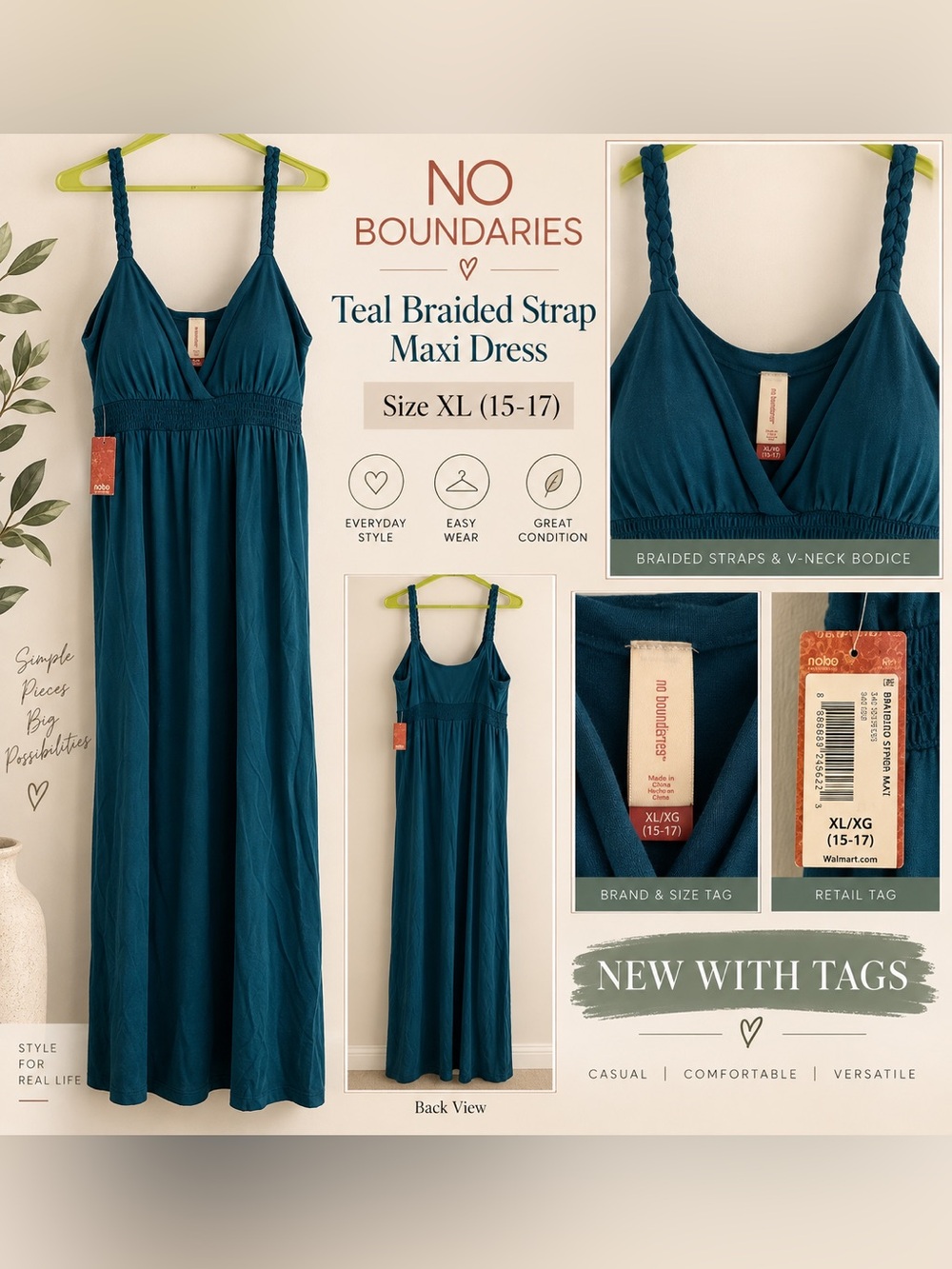 No Boundaries Women’s Teal Braided Strap Maxi Dress (XL New)